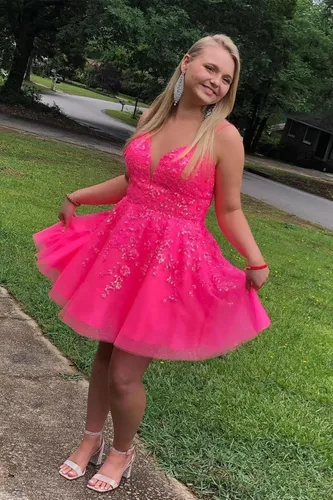 Miniatura 5 de Vestidos de tul con apliques de encaje, vestido corto de lentejuelas brillantes, tirantes delgados, cuello en V, vestidos de cóctel