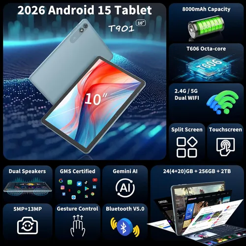 Miniatura 3 de Tablet Android 15 de 10 pulgadas, tableta 2026 con teclado, 24GB+256GB+2TB Expand, tabletas 2 en 1 con Gemini AI, Octa-Core, 8000mAh, WiFi 5G