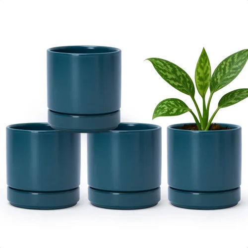 Miniatura 10 de D'vine Dev Juego de 4 macetas pequeñas de cerámica, maceta para suculentas de 3.5 pulgadas para plantas con orificio de drenaje y platillo