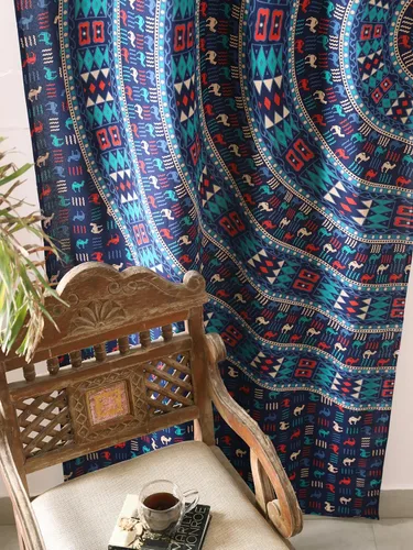 Miniatura 5 de Popular Handicrafts Cortinas hippie azul con mandala de camello de 100 pulgadas de largo para sala de estar o dormitorio, juego de 2 paneles