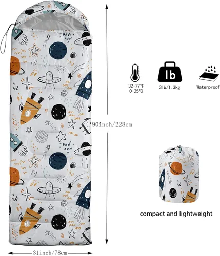 Miniatura 3 de Saco de dormir para niños y niñas, estampado de nave espacial de dibujos animados, ligero, cálido, portátil, para exteriores, interior, impermeable