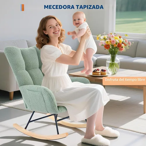 Miniatura 7 de Mecedora deslizadora tapizada con patas de madera para sala de estar, dormitorio, cuarto de bebé, incluye bolsillos laterales