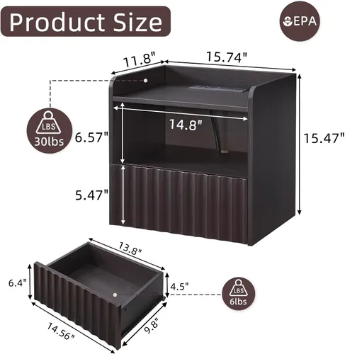 Miniatura 2 de BuildHom Moderna mesita de noche flotante acanalada montada en la pared, juego de 2 mesitas de noche con cajón de almacenamiento y estante
