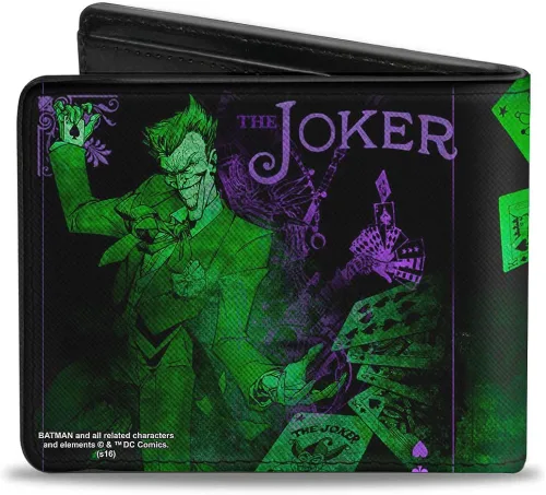 Miniatura 2 de Buckle-Down Cartera de piel sintética con hebilla de plumón para hombre diseño de The Joker Card Flipping Poses color negro verdesmorados multicolor