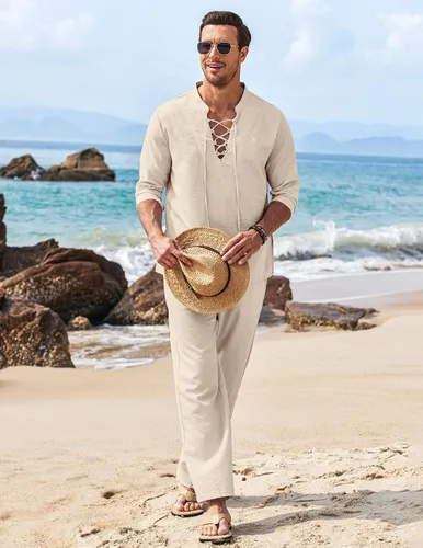 Miniatura 4 de COOFANDY Conjunto de 2 piezas de lino para hombre, camisas Henley de manga larga, pantalones casuales de playa con bolsillos, trajes de yoga