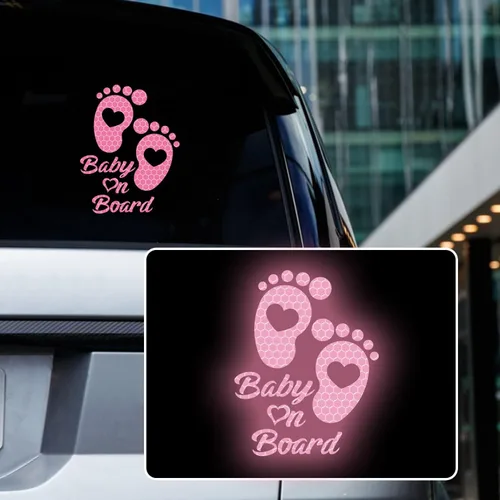 Miniatura 8 de Adhesivo reflectante de alta intensidad para automóvil de bebé a bordo, impermeable, linda huella de bebé en coche, letrero de advertencia de Verde