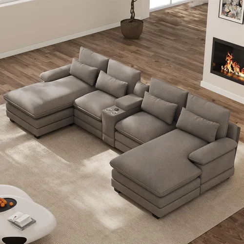 Miniatura 13 de Sofá seccional en forma de U de 132 pulgadas, mullido y afelpado de pana de 4 asientos, sofás seccionales color negro para sala de estar, cómodo