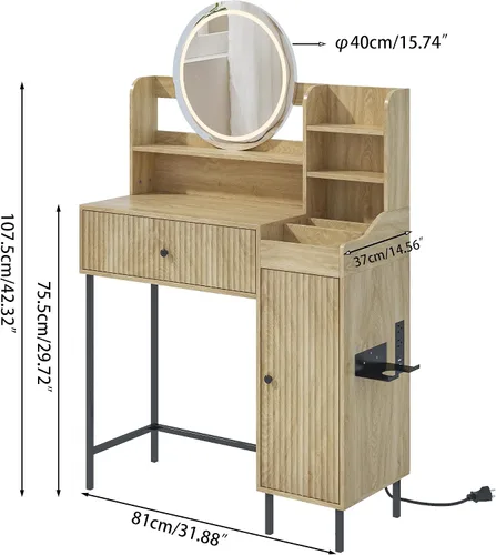Miniatura 7 de Jluomei Escritorio de maquillaje estriado con espejo y luces, tocador de maquillaje moderno con cajón de almacenamiento, mesa de maquillaje LED
