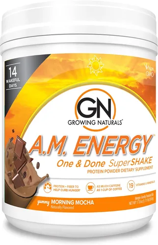 Growing Naturals Proteína natural a base de plantas, súper batido One & Done, 0.71 onzas de proteína con alta fibra sin OMG y sin gluten, A.M.