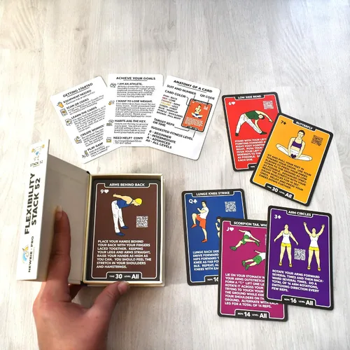 Miniatura 6 de Stack 52 Tarjetas de ejercicios de flexibilidad. Aprende estiramientos estáticos y dinámicos. Instrucciones de video incluidas. Perfecto