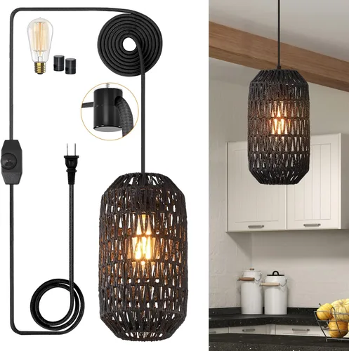 Miniatura 8 de Ruzectt Luminarias Colgantes Luces Colgantes de Ratán Negro para Isla de Cocina con Cable de Algodón Dorado Ajustable de 72 pulgadas, Lámpara