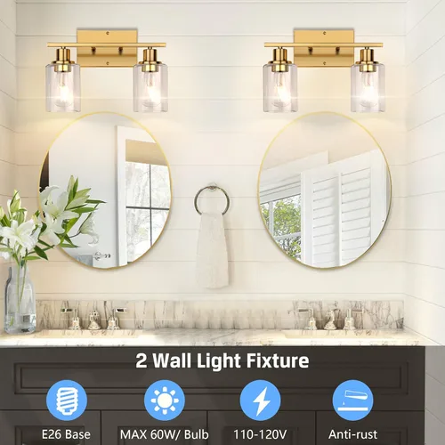 Miniatura 4 de ShineTech 2 luces de tocador doradas para baño, iluminación de pared moderna con vidrio transparente, luz de aplique de latón cepillado para espejo