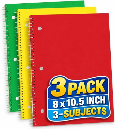 1InTheOffice Cuaderno de espiral de 3 materias, cuaderno espiral de rayas anchas, 8 x 10,5 pulgadas. 3 agujeros perforados, 120 hojas, colores