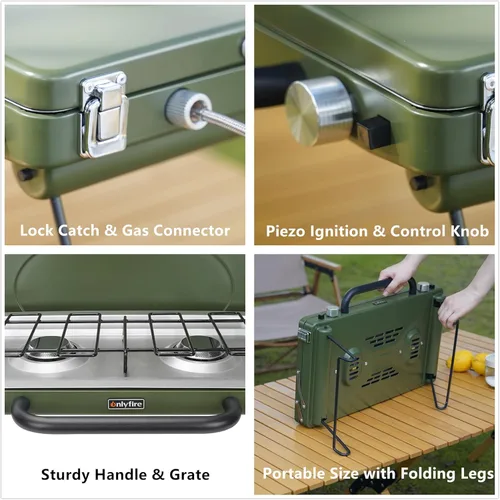 Miniatura 4 de Estufa de gas portátil para campamento de 2 quemadores, estufa de propano con patas plegables, pestillo y asa de alta resistencia para patio, Verde