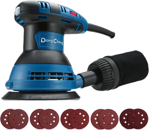 Dong Cheng lijadora orbital aleatoria de 5 pulgadas, 3 amperes, 12000 RPM, 6 velocidades variables, con 10 piezas de papel de lija y bolsa de polvo