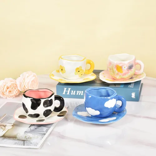 Miniatura 7 de Koythin - Taza de café de cerámica con platillo, taza única y bonita hecha a mano para mujeres para oficina y hogar, apta para lavavajillas y Cielo