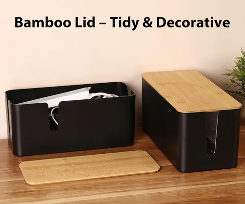 Miniatura 2 de ZhiYo Caja Organizadora de Cables con Tapa de Bambú, Caja de Gestión de Cables ABS Segura para TV y Computadora, Cubierta de Madera Ocultador
