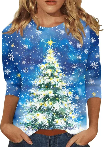 Miniatura 37 de Camisetas de manga 3/4 para mujer, cuello redondo, holgadas, casuales, con estampado floral, camisetas de moda para el trabajo de negocios