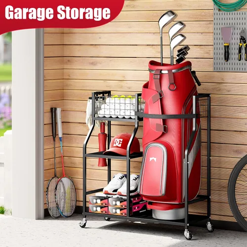 Miniatura 8 de TOOLF Organizador de bolsas de golf, almacenamiento para palos de golf con ruedas, soporte de metal resistente para bolsa de golf para el hogar