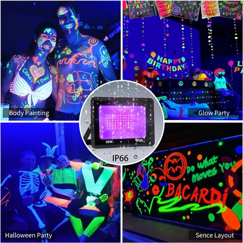 Miniatura 7 de Luz LED negra de 50 W, luz negra con enchufe IP66 impermeable para fiesta brillante, 385-400 nm, luces de inundación moradas al aire libre