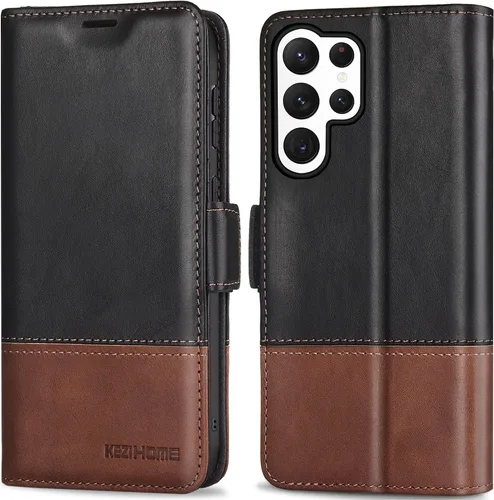 KEZiHOME Funda para Galaxy S23 Ultra, de cuero genuino [bloqueo RFID], funda tipo cartera, ranura para tarjetas con tapa magnética y soporte