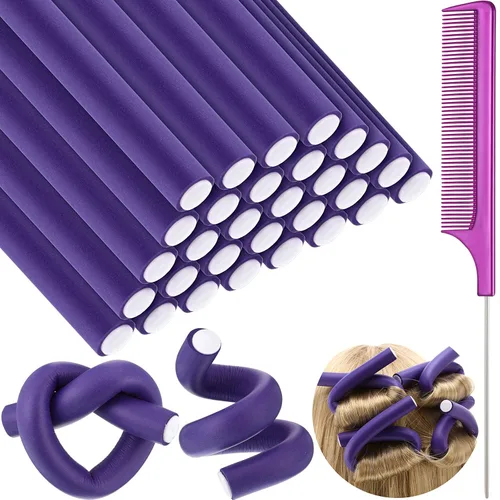 Syhood - 30 piezas de varillas rizadoras flexibles, rulos de cabello con espuma suave sin calor y 1 peine de cola de rata de acero para mujeres con