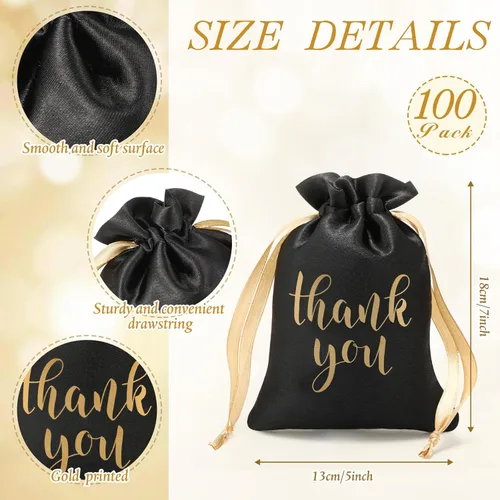 Miniatura 2 de Roowest 100 bolsas de regalo de satén con cordón de agradecimiento para joyas, bolsas de dulces para bodas, despedidas de soltera, baby shower, Negro