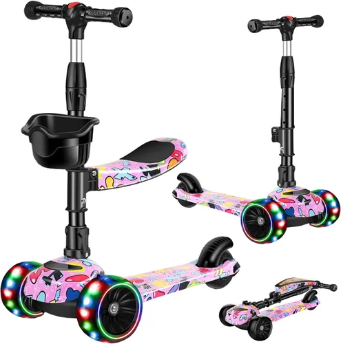 Patinete 2 en 1 para niños de 3 a 8 años, altura ajustable, asiento extraíble, 3 ruedas de luz LED, actividades al aire libre para niños y niñas Rosa