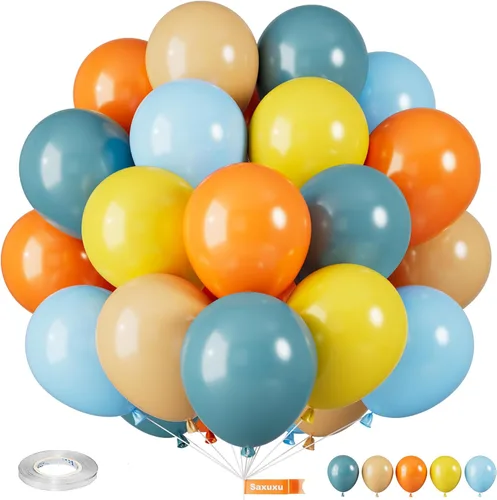 Globos Saxuxu azul, amarillo y naranja, de 12 pulgadas, globos retro azul marino, amarillo y naranja, de látex y helio para cumpleaños de niños,