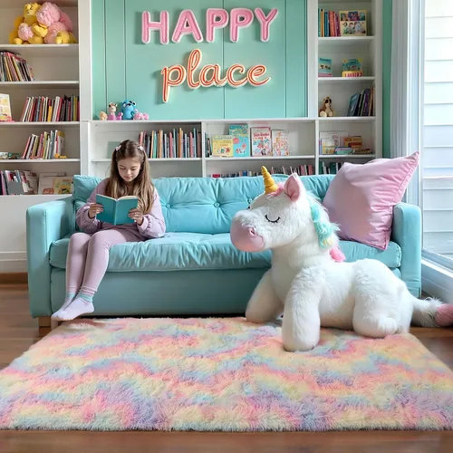 Miniatura 7 de KCHOWUA Alfombras Esponjosas y Peludas de Unicornio para Dormitorio de Niñas, 3x5 pies Lavable Antideslizante Alfombra de Área Shag Peluda para Sala