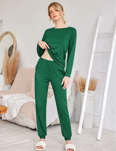 Miniatura 46 de Ekouaer Conjunto de pijama de manga larga para mujer, ropa de dormir suave con cuello redondo y bolsillos