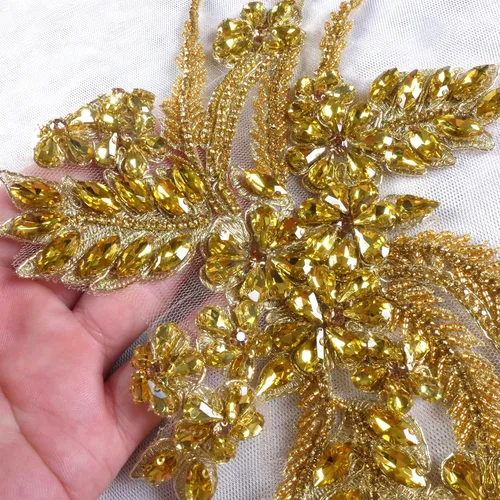 Miniatura 6 de Parches de diamantes de imitación hechos a mano, apliques de cuentas para decoración de vestidos de novia, apliques de flores de oro Oro-b