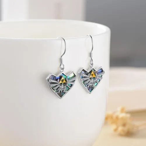 Miniatura 3 de YFN Zelda - Aretes colgantes de plata de ley con diseño de triforce Zelda, con temática de abulón, joyería Zelda para mujeres, hombres y niñas