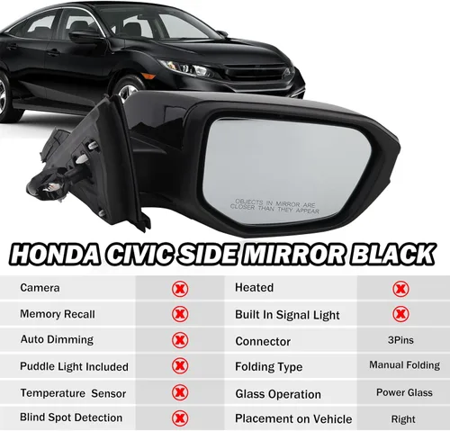 Miniatura 2 de Espejo lateral del pasajero compatible con Honda Civic 2016, 2017, 2018, 2019, 2020, 2021, espejo con cristal eléctrico, sin calefacción, plegable