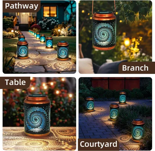 Miniatura 5 de Linternas solares para colgar al aire libre, linterna LED impermeable de metal con energía solar, decoración de patio, linterna con asa, idea