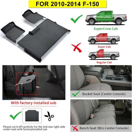 Miniatura 2 de Alfombrillas para Ford F-150 F150 SuperCrew/Crew Cab 2010-2014, forro de piso de ajuste personalizado todo clima de alta resistencia para accesorios