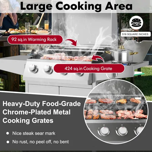 Miniatura 3 de Giantex Parrilla de gas propano de 50,000 BTU, 4 quemadores principales, 1 quemador lateral, 2 mesas de preparación, parrilla de barbacoa de acero