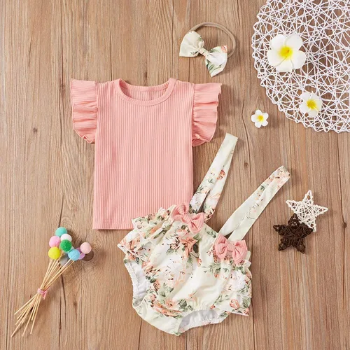Miniatura 2 de CIYCUIT Ropa de verano para niña recién nacida camiseta acanalada con volantes florales pantalones cortos con tirantes trajes de diadema