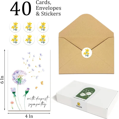 Miniatura 2 de Obbyidk Paquete de 40 tarjetas de condolencias con sobres, tarjetas de condolencia de flores de acuarela, tarjeta de duelo, juego de caja a granel