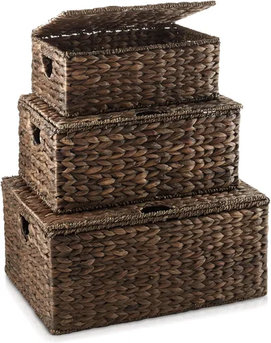 Miniatura 3 de Casafield Juego de 3 canastas de almacenamiento rectangulares de jacinto de agua con tapas (Espresso - Pequeña/Mediana/Grande) para dormitorio