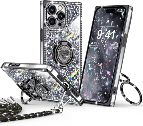 Miniatura 24 de XYZ Funda para iPhone 13, con purpurina brillante con soporte de corazón de 2 anillos y cordón, funda protectora a prueba de golpes con diamantes
