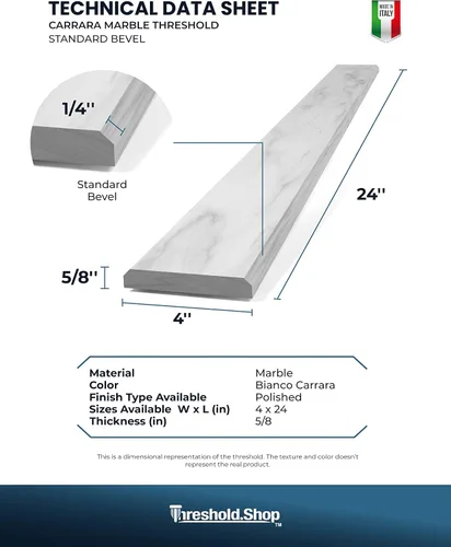 Miniatura 6 de Bisel doble de umbral de mármol pulido de carrara blanco italiano para transiciones de piso (4 x 24 pulgadas)