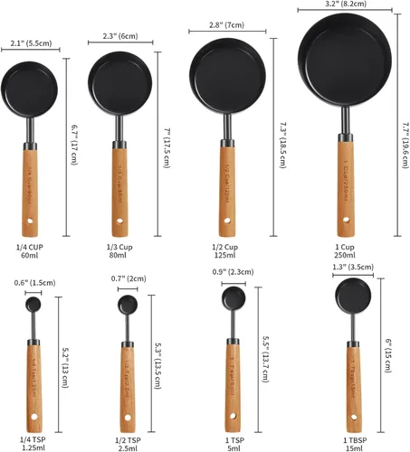 Miniatura 4 de GuDoQi Juego de 8 tazas y cucharas medidoras con mango de madera, tazas y cucharas medidoras de acero inoxidable dorado, medidas, medidas Negro