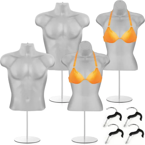 Miniatura 7 de Sintuff Paquete de 2 maniquíes masculinos y femeninos con soporte de metal, ganchos para colgar, forma de vestido, camisa con espalda hueca