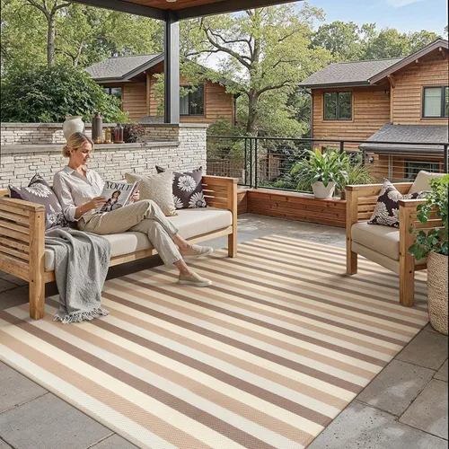 Miniatura 17 de PureCozy Alfombra de paja de plástico para exteriores, color negro, beige, grande, impermeable, para patio, 5 x 8 pulgadas, geométrica, reversible