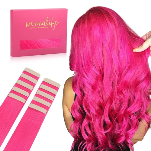 Wennalife - Extensiones de cabello humano con cinta, 10 unidades, 25g, 14 pulgadas, cinta invisible Remy lacio color rosa intenso, juego de relleno