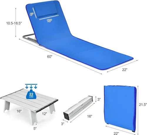 Miniatura 3 de GYMAX Sillas de playa, sillas de bronceado plegables con juego de mesa, silla de piso ajustable para patio, silla de baño de sol al aire libre