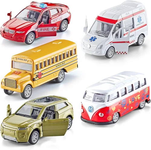 KIDAMI Juego de 5 autos de juguete de metal fundido a presión, puertas que se abren, ambulancia de autos retrocedentes, paquete de regalo para niños