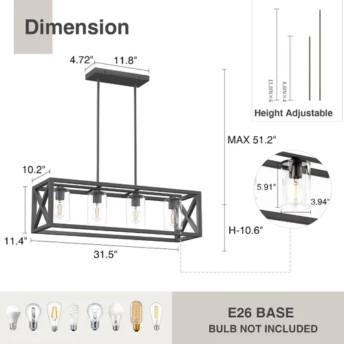 Miniatura 2 de Lámpara de comedor de granja – Iluminación de isla de cocina de 4 luces con altura ajustable y metal grueso para comedor sobre mesa, candelabros