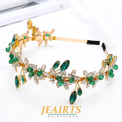 Miniatura 5 de JEAIRTS Diadema de diamantes de imitación verde esmeralda, accesorios para el cabello para mujer